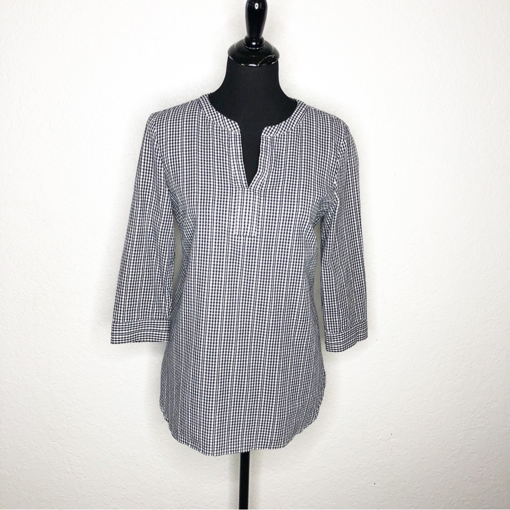 Talbots black white gingham plaid popover top size Small